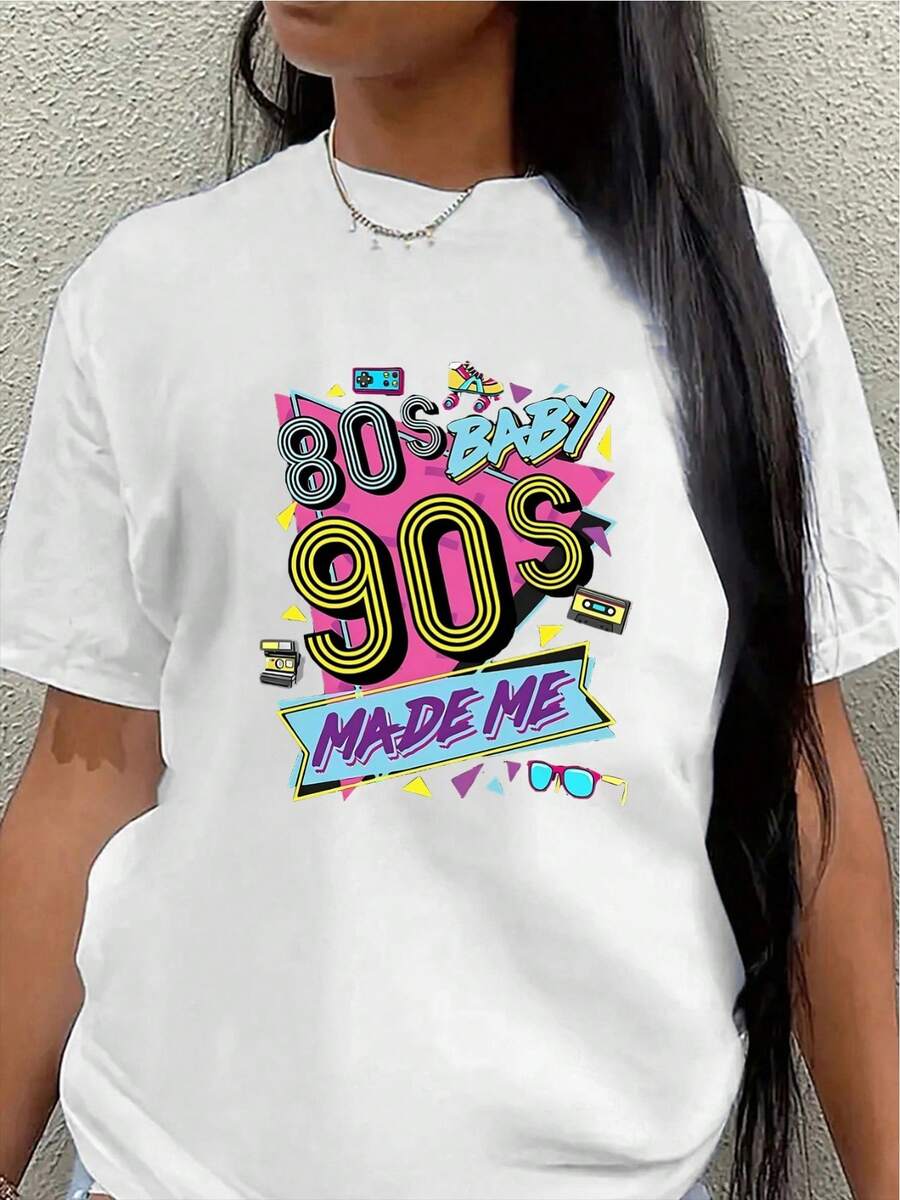 Camiseta de manga corta de poliéster, diseño retro de los años 80-90, adecuada para uso casual, fiestas, restaurantes y el hogar, ligera y duradera, ajuste cómodo, colores brillantes. - Blanco - Ver 1