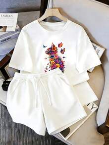 Conjunto Casual para Mujer, Playera con Estampado de Gato con Flores y Mariposas + Pantalones Cortos de Dos Piezas - Camiseta blanca + pantalón corto blanco - Ver 6