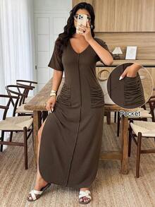 Weeklong Vestido de punto casual con cuello en V, rayas, bolsillos dobles, fruncido y abertura en el bajo para mujer talla grande, primavera/verano - Café integral - Ver 8