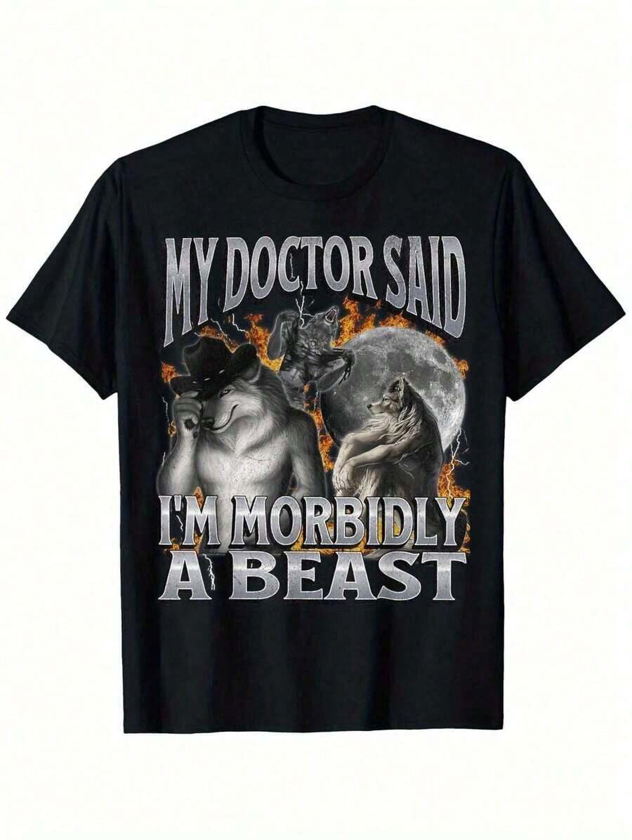 Funny Werewolf Meme T-Shirt - 'My Doctor Said I'm Morbidly A Beast' Graphic, 100% Cotton, Crew Neck, Short Sleeve, Black, Perfect Halloween Gift For Men And Women, S-XXXXXL - 黑色 - 查看 1