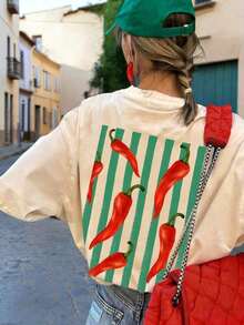 Nueva Camiseta Casual de Verano con Estampado de Pimientos, Cuello Redondo y Manga Corta, Blusa Versátil y Moderna para Mujer - Estilo Vintage Urbano, Unisex, de Algodón Suelto y Manga Corta. blusas.blusas casuales para dama. - Albaricoque - Ver 1
