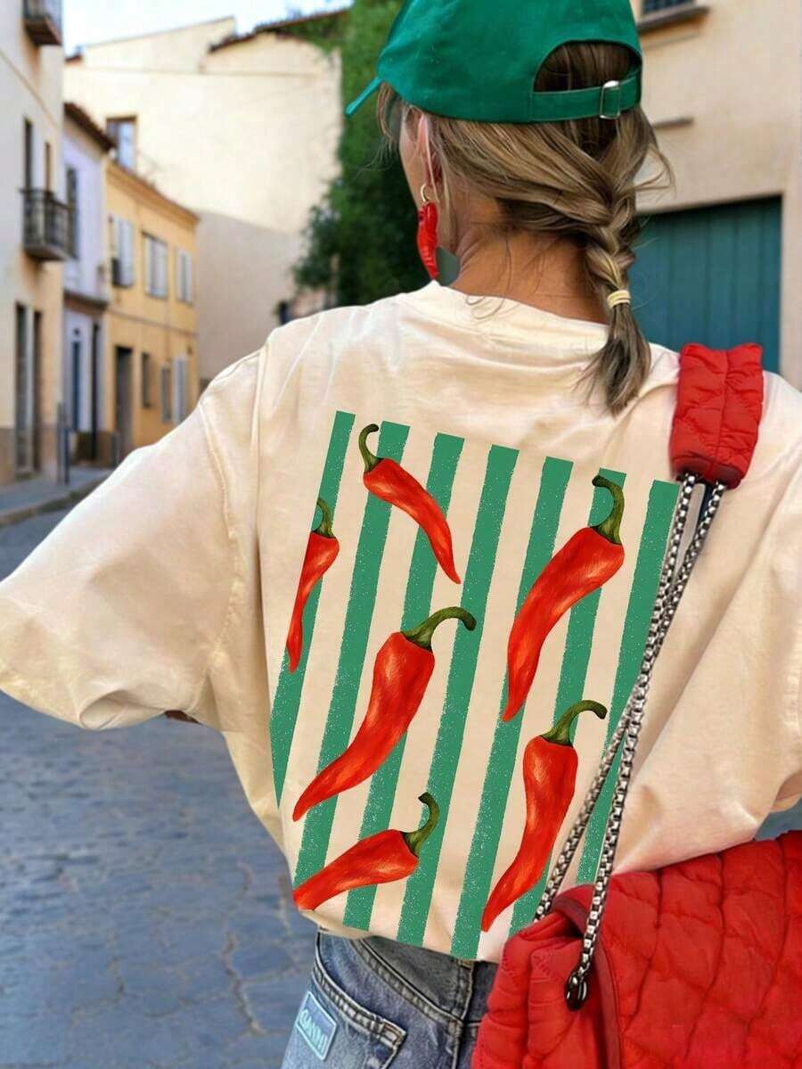 Nueva Camiseta Casual de Verano con Estampado de Pimientos, Cuello Redondo y Manga Corta, Blusa Versátil y Moderna para Mujer - Estilo Vintage Urbano, Unisex, de Algodón Suelto y Manga Corta. blusas.blusas casuales para dama. - Albaricoque - Ver 1