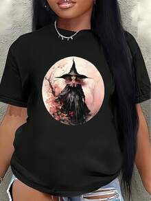 Camiseta de manga corta ligera y duradera con diseño de bruja, perfecta para uso casual, celebraciones de Halloween o atuendos diarios, hecha de tela suave y cómoda de colores clásicos.blusa casual mujer - Negro - Ver 7