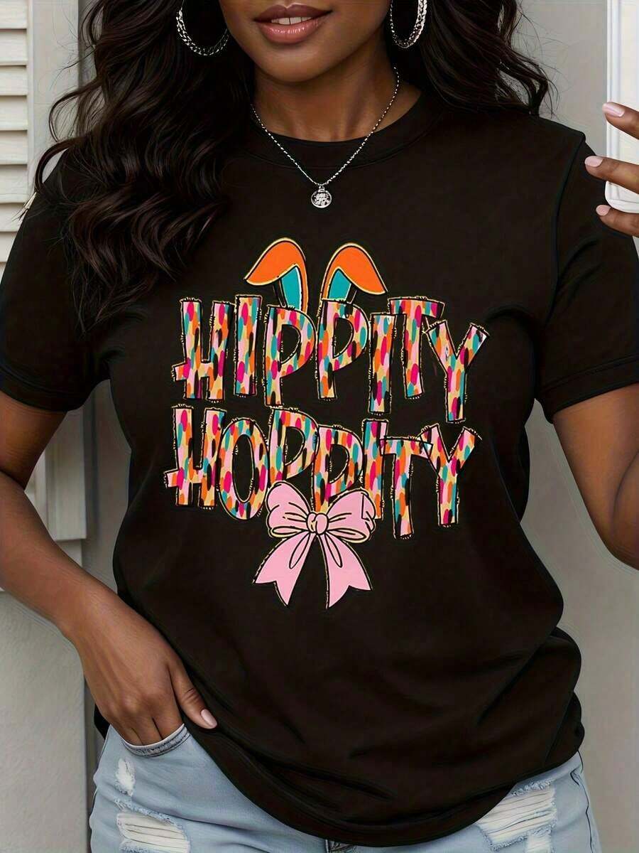 Camiseta de Conejo de Pascua Hippity Hoppity para Mujer, Estilo Vintage, Unisex, de Algodón, Manga Corta, Cuello Redondo, para Fiesta de Pascua - 100% Algodón - Negro - Ver 1