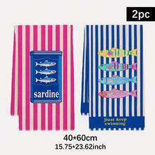 2 buah Handuk Dapur Mikrofiber Super Penyerap Motif Kaleng Sarden Gaya Laut Retro, Hadiah Sempurna untuk Pemilik Rumah Baru dan Pertemuan Keluarga, Lap Piring Dapur, Dekorasi Rumah Liburan - Biru - View 2
