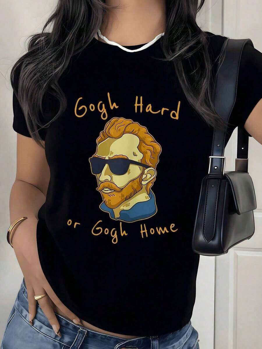 Van Gogh Inspired Graphic Print T-Shirt, 180g, 1 Piece, Funny Artistic Phrase, Women's Casual T-Shirt, 100% Cotton, Vintage Streetwear Style - 黑色 - 查看 1