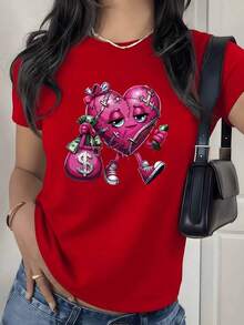 Camiseta con Estampado Gráfico de Bolsa de Dinero con Corazón Roto, 180g, 1 Pieza, Ropa Urbana Casual para Mujer, 100% Algodón, Estilo Urbano - Rojo - Ver 9