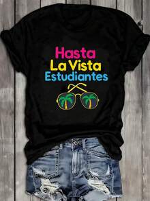 Una camiseta de manga corta para mujer, moderna, a la moda, retro, casual y holgada, adecuada para actividades al aire libre en primavera y verano, Camiseta de Verano Hasta La Vista - Camiseta estampada, absorbente de sudor y transpirable, con estampado de gafas tropicales, regalo para el Día de la Madre, camiseta de cuello redondo para mujer, ideal para vacaciones en la playa y surf, top casual negro de manga corta, adecuada para vacaciones.blusas para mujer,blusas casuales para dama,tops,, mujer premium,y2k,playeras de mujer curvy,ofertas y liquidaciones ropa mujer,playeras deportivas para mujer,,playeras de hombre, mujer,blusas>elegante R2RF - Negro - Ver 8