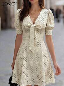DONICY Vestido mini de mujer con cuello en V, mangas de pétalo y falda evasé con decoración de lazo, en estampado de lunares blanco y negro, vestido de verano - Albaricoque - Ver 6
