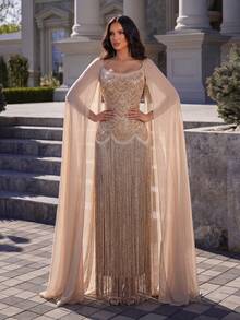 Modphy Gaun Maxi Wanita Seksi Tanpa Lengan dengan Pita Chiffon yang Dapat Dilepas dan Hiasan Rhinestone, Gaun Pesta Malam Formal, Gaun Pengikat, Gaun Pernikahan. - Aprikot - View 6