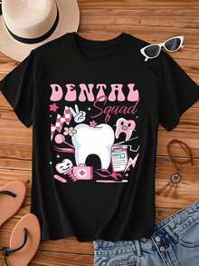 Camiseta de Algodón Estilo Vintage con Estampado de Slogan de Lisboa para Mujer, Cuello Redondo, Estampado de Herramientas Dentales, Manga Corta, para Trabajo en Consultorio Dental o Uso Casual de Verano - Negro - Ver 3