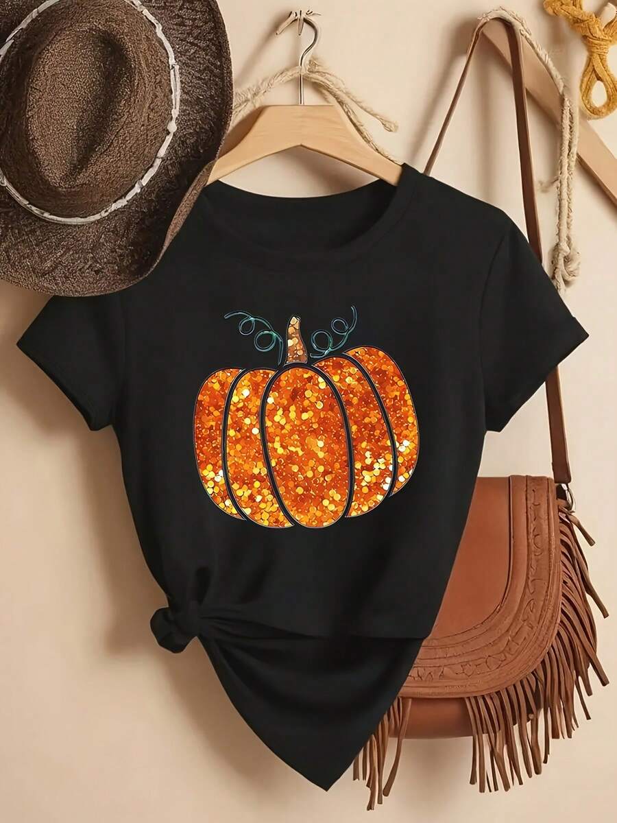 Camiseta Casual de Mujer con Estampado de Calabaza Elegante - Ajuste Cómodo, Poliéster, Lavable a Máquina - Negro - Ver 1