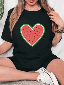playeras de mujer algodon Camiseta casual de manga corta y cuello redondo con estampado gráfico, perfecta para verano y primavera, diseñpara mujer >ropa - Negro - Ver 7