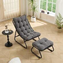 Sillón de jardín con reposapiés, cómodo sillón reclinable con cojín suave y reposapiés, ideal para el salón, el dormitorio o el rincón de lectura, estructura y cojín de color beige. - Gris - Ver 4