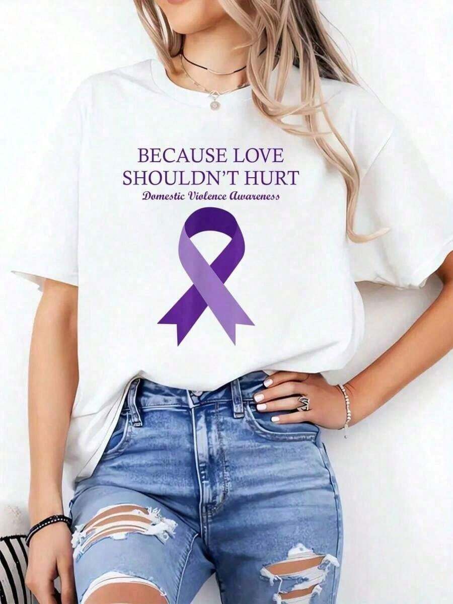 Camiseta de Algodón para Mujer, Diseño "Porque el Amor No Debería Moler", Camiseta de Concientización sobre la Violencia Doméstica, Camiseta de Algodón Puro de Alta Calidad con Estampado Minimalista, Tela Suave y Transpirable, Cómoda y Holgada, Adecuada para Uso Diario, Ideal para Vestimenta Casual de Oficina, Apariencia Diaria de Primavera y Verano, Diseño Elegante y Juvenil, Ropa de Hombre de Algodón Puro - Blanco - Ver 1