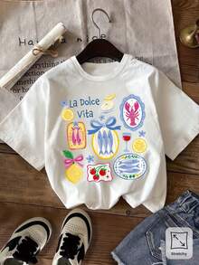Camiseta de manga corta para niñas con estampado de sardinas, langosta y limón, estilo resort costero italiano "Sweet Life".| Camiseta de cuello redondo suave y cómoda, adecuada para uso casual y deportivo, perfecta para primavera/verano, tela de elasticidad media. - Blanco - Ver 1