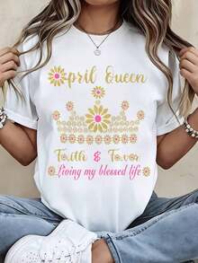 Camiseta TrendyApril Queen Fourth And Forever Living My Life con Diseño de Corona para Mujer, Top Casual de Moda, Camiseta Gráfica Blanca para Uso Diario - Blanco - Ver 1