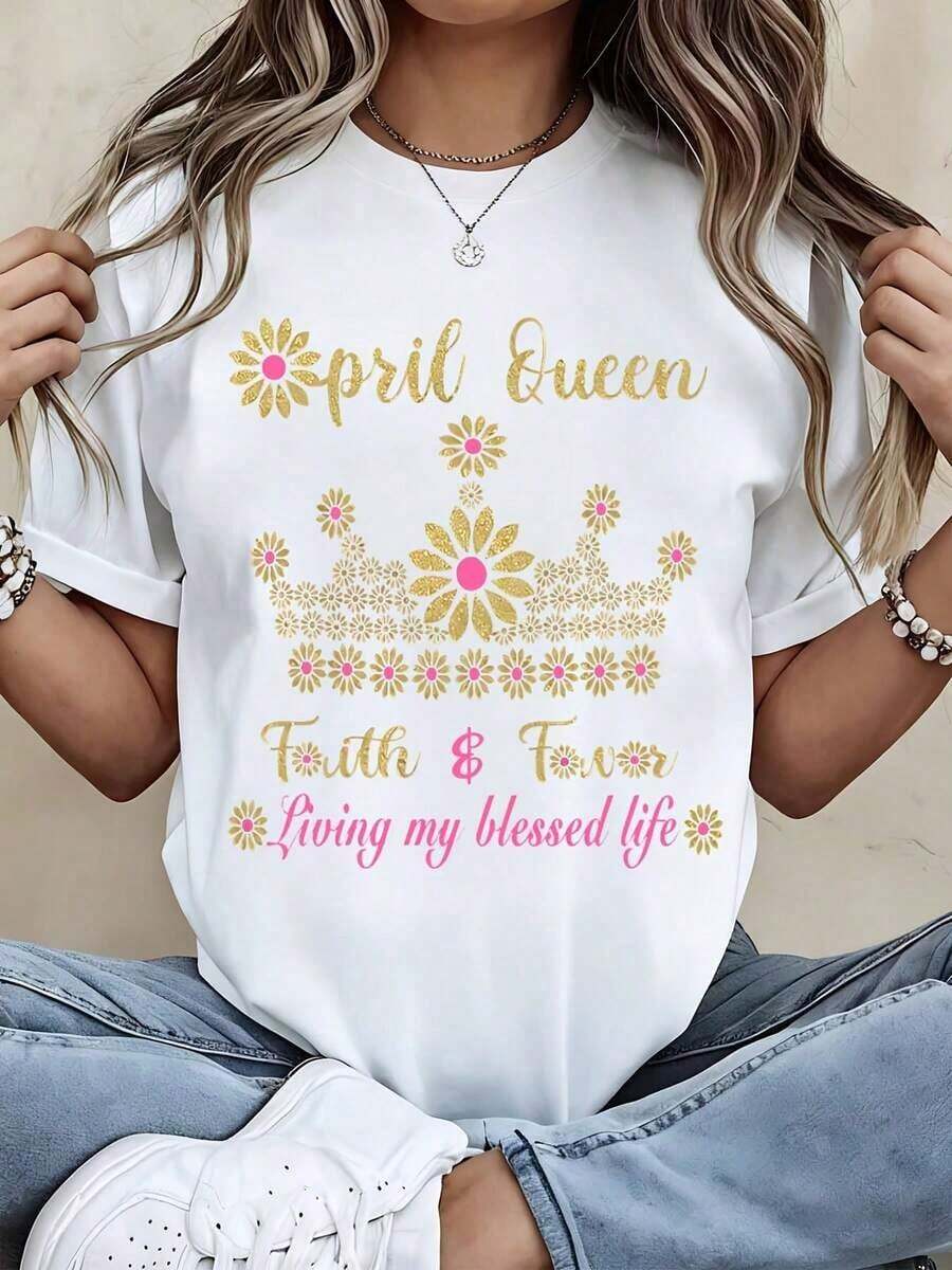 TrendyApril Queen Fourth And Forever Living My Life Women's Crown Design T-Shirt, Fashion Casual Top, White Graphic Tee For Everyday Wear - 白色 - 查看 1