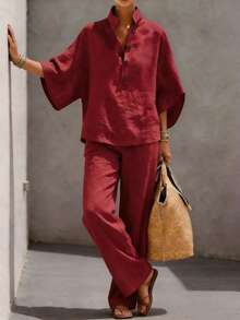 Conjunto de 2 piezas nuevo de primavera-verano para mujer, de algodón y lino, camisa y pantalón, diseño fresco, favorecedor, versátil, perfecto para looks de día, oficina, paseos y uso diario - Burdeos - Ver 3