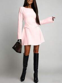 Vestido mini manga larga cuello redondo con lazo y cintura marcada - Rosa - Ver 2