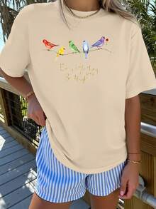 Camiseta de mujer de manga corta, estilo elegante, de gran tamaño, con estampado de pájaros curativos, cuello redondo, adecuada para primavera y verano, a la moda para ir al trabajo, vacaciones, uso diario, top versátil, casual, elegante y de estilo vintage, 100% algodón. - Albaricoque - Ver 7