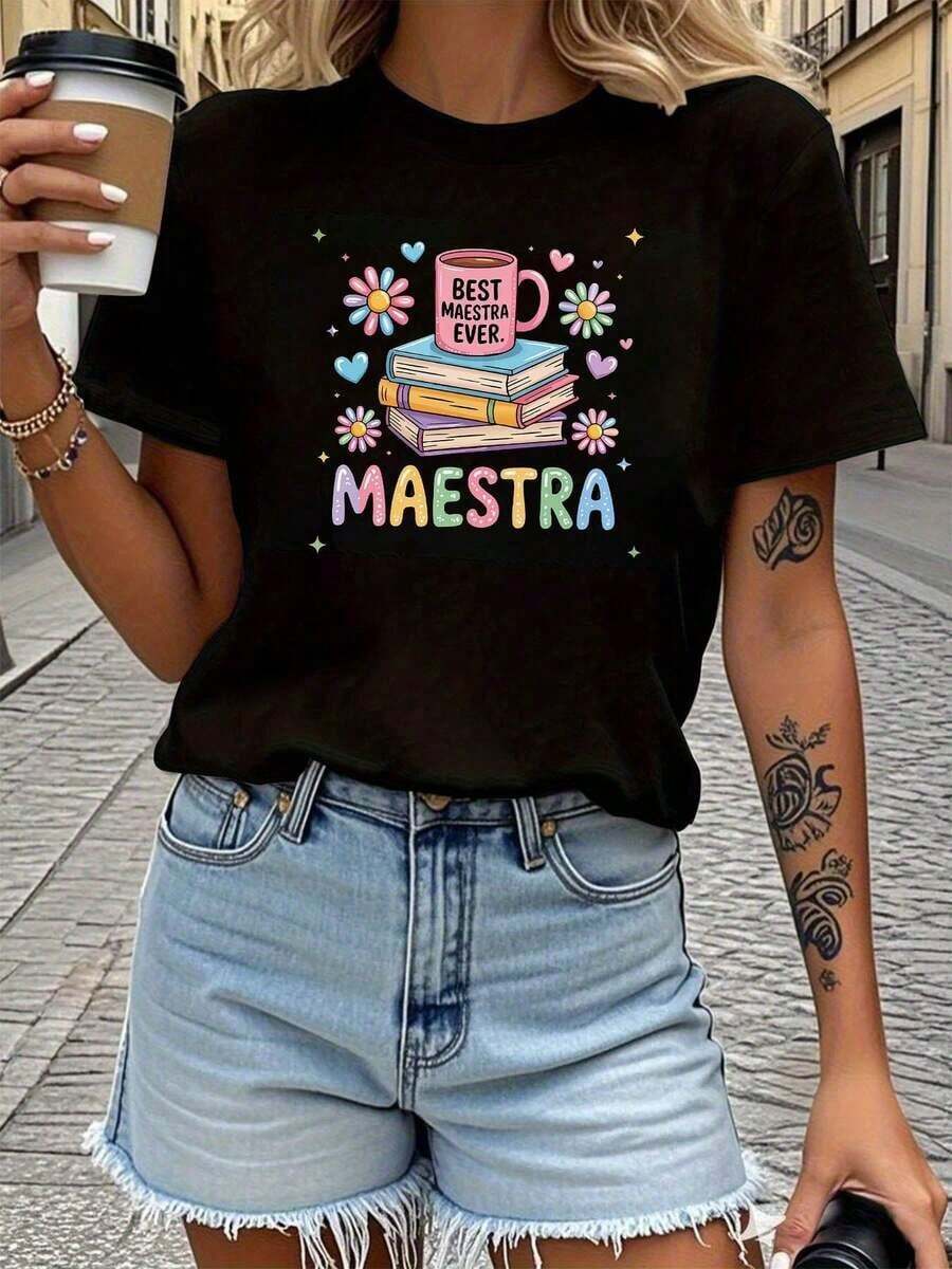 Camiseta Casual con Estampado de Letras "La Mejor Maestra de Todas" |     Camiseta Casual de Manga Corta y Cuello Redondo para Primavera/Verano, Ropa de Mujer, Ideal para Salidas Informales, Regalos Festivos, Reuniones de Amigos, Fiestas de Música, Atuendos de Vacaciones. - Negro - Ver 1
