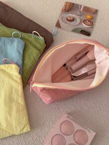 Macaron Solid Color Fine Grid Pattern Makeup Bag, Lightweight Zipper Storage Pouch, Minimalist Portable Skincare And Cosmetics Organizer - Multicolor - View 3