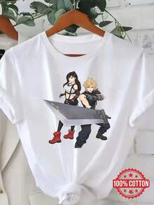 Camiseta de moda popular para mujer con cuello redondo, con Cloud Strife, Tifa Lockhart y la espada Buster de  VIIDaily Casual Round Neck Short Sleeve-Shirt Women - Blanco - Ver 7