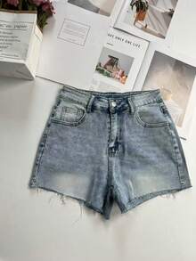 Women's Casual Washed Denim Mini Shorts With Pockets, Medium Stretch, Straight Leg - Blue - View 7