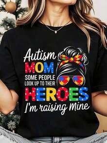 Women's Crew Neck T-Shirt With Graphic Print 'Autistic Mom: Some People Admire Their Heroes, I'm Creating My Own' For Motherhood And Autism Awareness, Holiday Gift, 220g, Loose Fit T-Shirt For Women - 黑色 - 查看 7