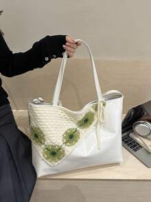 1pc Women's Casual Tote Bag, Large Capacity Shoulder Bag, Fashionable Shopping Bag, Minimalist Nylon Fabric Handbag, Lightweight Leisure Tote Bag, Lace Applique Small Shoulder Tote Bag, Ideal For Commuting, Mother's Day Gift, Shoulder Bag, Underarm Bag - Beige - View 4