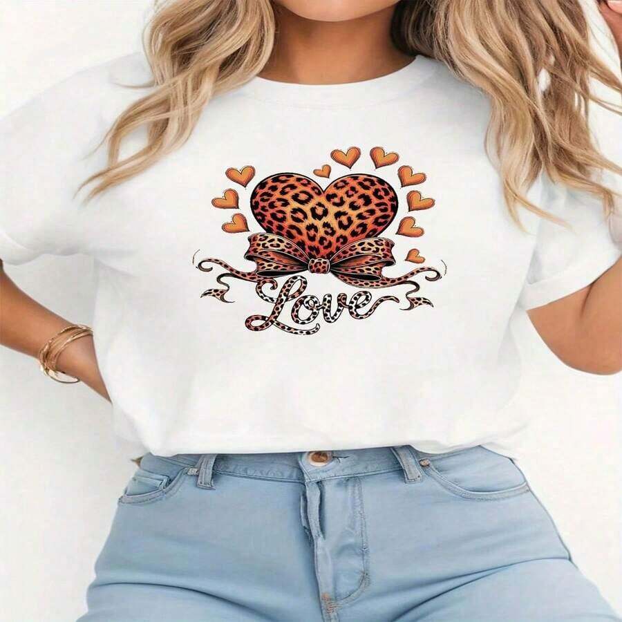 Talla Grande, Camiseta de Mujer con Estampado de Corazones y Labios - Blusa Casual de Manga Corta y Cuello Redondo, Top Elegante de Primavera Verano con Motivos de Labios y Corazones, Regalo Romántico para Novia o Esposa, Lavable a Máquina, Tejido Elástico Cómodo (En Stock) Transpirable y cómodo - Blanco - Ver 1