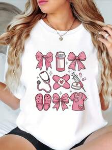 1 camiseta de mujer con estampado de enfermera, cuello redondo casual, manga corta, fibra de poliéster transpirable, lavable a máquina, adecuada para primavera y verano, 180g, 100% algodón. - Blanco - Ver 11
