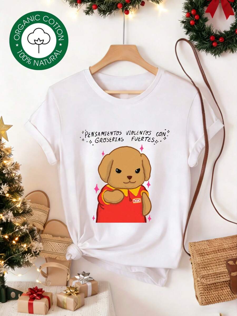 Sudadera de algodón suave para mujer, de corte holgado y manga corta, con diseño de perro lindo y texto en español, estilo casual Y2K, ropa de calle con letras y diseño retro elegante, cómoda para todas las estaciones, ropa de calle casual con diseño de noche estrellada, ajuste cómodo, disfraz de Halloween para mujer, 100% algodón. - Blanco - Ver 1