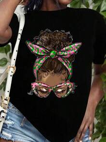 Camiseta de Algodón Estilo Vintage con Estampado de Eslóganes de Lisboa para Mujer, con Diseño de Pañuelo para la Cabeza y Gafas de Sol con Estampado de Leopardo Rosa y Verde, Camiseta - Negro - Ver 8