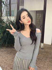 Áo khoác cardigan dệt kim thanh lịch, ngọt ngào mùa Xuân/Hè 2026, áo len dài tay cổ chữ V trễ vai dành cho nữ, kiểu dáng Y2K rộng rãi, tôn dáng, chất liệu nhẹ, đa năng, phù hợp cho đi làm và hẹn hò. - Xám - Xem 2