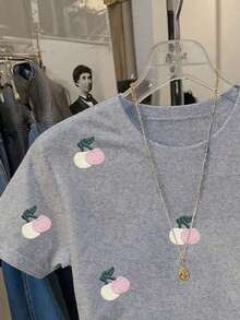 Camiseta de manga corta casual de mujer con bordado de cerezas, para verano - Gris - Ver 3
