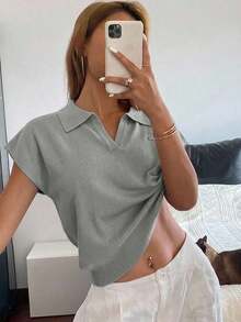 Top de punto de unicolor con cuello de polo entallado para mujer, casual para ir al trabajo, primavera/verano - Gris 2 - Ver 3