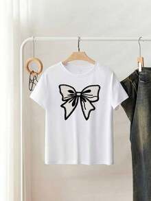 Short-Sleeved T-Shirt With Bow Print, Versatile For Everyday Use And Commuting, For Women, Summer. - White 4 - View 5