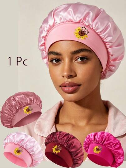 Unisex Bonnet Hat Fashionable Sunflower Print Pattern Satin Sleep Bonnet,Soft Comfortable Sleeping Bonnet,Elastic Wide-Brim Silky Sleeping Cap For Hair Protection, Make Up Washing Face Daily Use,Shower Cap For Daily