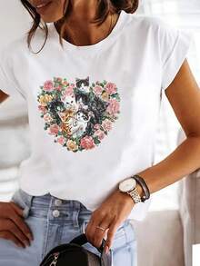 Women's T-Shirt: Women's Short-Sleeved, Fitted T-Shirt With Round Neck And Valentine's Day Themed Print. - 白色 - 查看 1