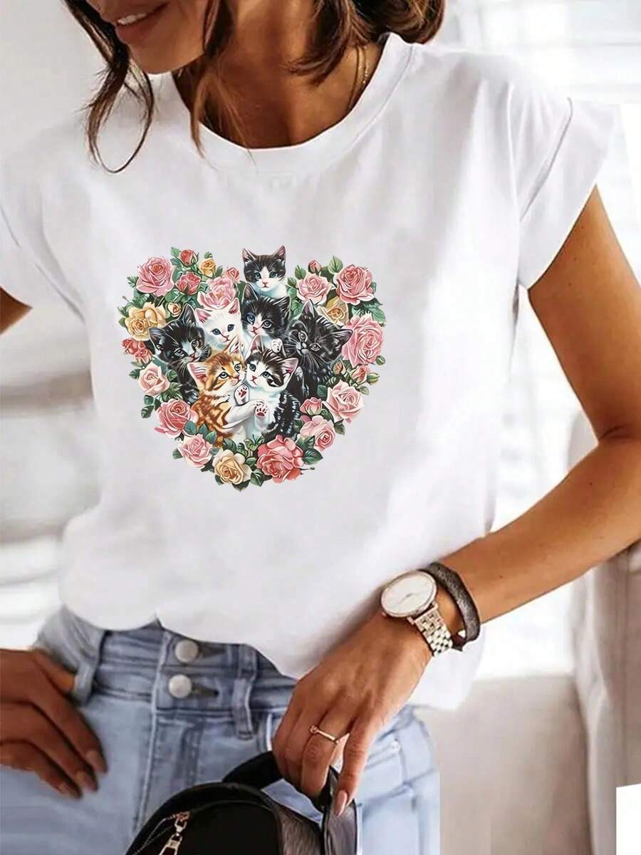 Women's T-Shirt: Women's Short-Sleeved, Fitted T-Shirt With Round Neck And Valentine's Day Themed Print. - 白色 - 查看 1