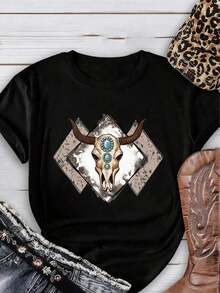 Camiseta Casual con Estampado de Calaveras y Cabezas de Toro, Impresión por Transferencia Térmica, Camiseta de Manga Corta, Camisetas Gráficas para Mujer, para Verano, 100% Algodón, Duradera - Negro - Ver 2