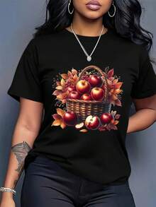 Women's Casual White T-Shirt, Printed With Autumn Harvest Motifs (Apples, Checks And Fallen Leaves) - Loose-Fitting Short-Sleeved Crew Neck T-Shirt For Spring And Summer, With Breathable Fabric Suitable For Daily Wear, Picnics And Thanksgiving Outfits - Unisex Cotton Short-Sleeved Crew Neck T-Shirt In Urban Vintage Style. - 黑色 - 查看 2