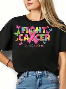 Lucha Contra El Cáncer En Todos Los Colores - Camiseta De Concientización Con La Cinta Rosa Para Apoyar Y Solidarizarse Con El Cáncer De Mama - Estilo Urbano Vintage Unisex, Camiseta De Manga Corta De Algodón Suelto Con Cuello Redondo, 100% Algodón - Negro - Ver 3