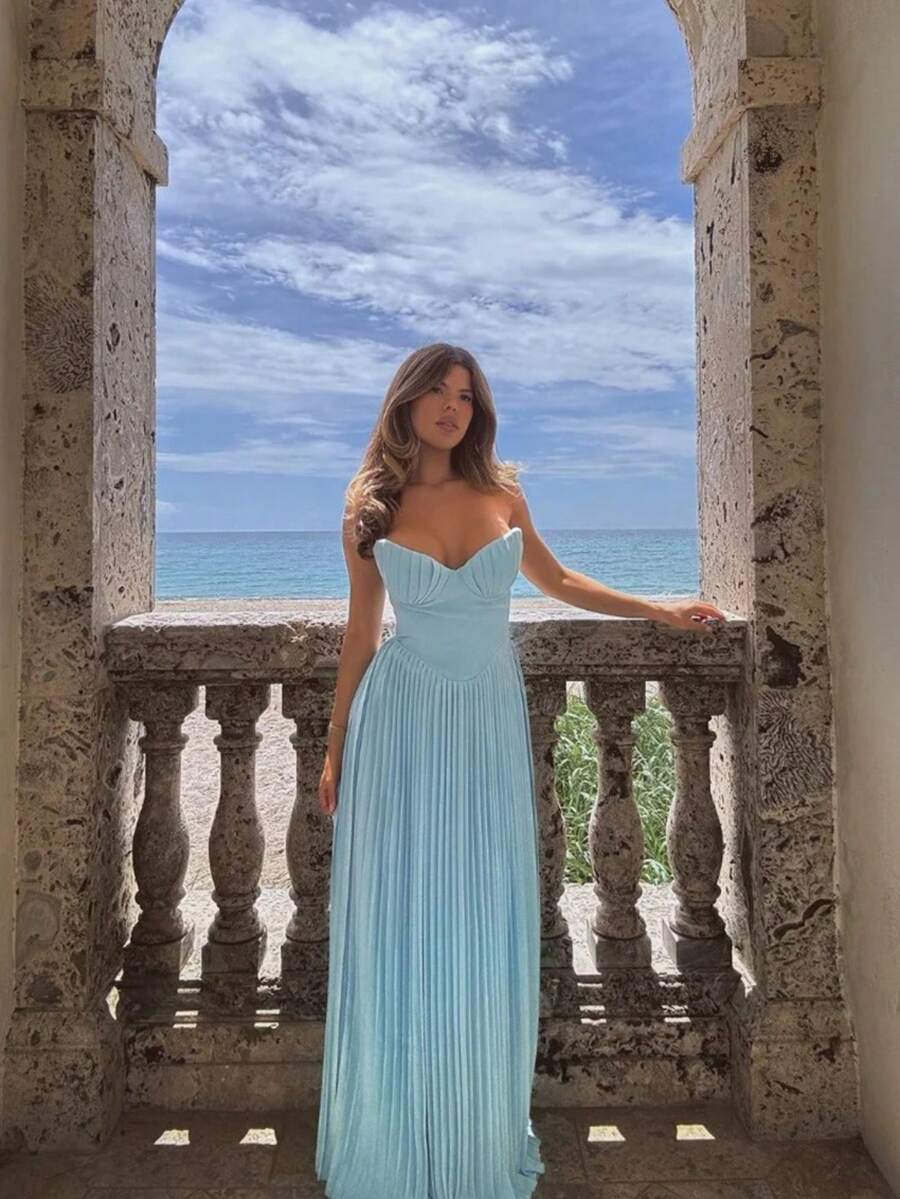 Vestido largo bandeau sin mangas ajustado espalda descubierta estilo europeo elegante verano fiesta nueva colección femenina - Azul - Ver 1