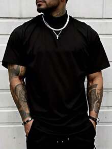 Men's Solid Color Short Sleeve T-Shirt, Comfortable, Breathable, For Summer. - BLACK AND RED - View 12
