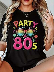 Camiseta única y original con diseño vibrante de fiesta inspirado en los 80s, perfecta para amantes de la cultura Y2K. Transmite energía retro y diversión. Ideal para destacar en cualquier evento social. Disponible en talla única. ¡No te quedes sin la tuya! - Negro - Ver 1