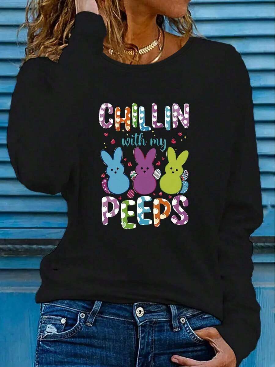 Camiseta con Estampado Gráfico de Feliz Pascua, Casual para Mujer, Vacaciones, Manga Larga, Cuello Redondo, Primavera y Verano, Poliéster Lavable a Máquina, Ropa Nueva para Mujer, Estilo Urbano, Camisetas de Mujer - Negro - Ver 1