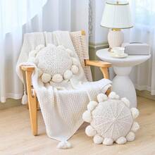 Boho Beige Round Throw Pillow 14 Inch, Cute Knitted Crochet Cushion With Pom Poms Tassels, Decorative Circular Accent Pillow For Sofa Couch Chair Bed - Cream - View 6